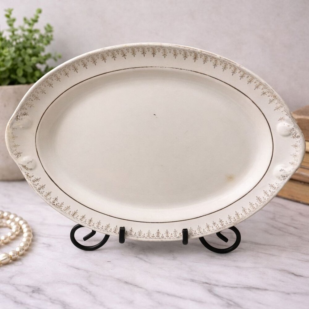 Vintage Taylor Smith Oval Serving Platter With Floral Border Ceramic 12.5"x9" Cr